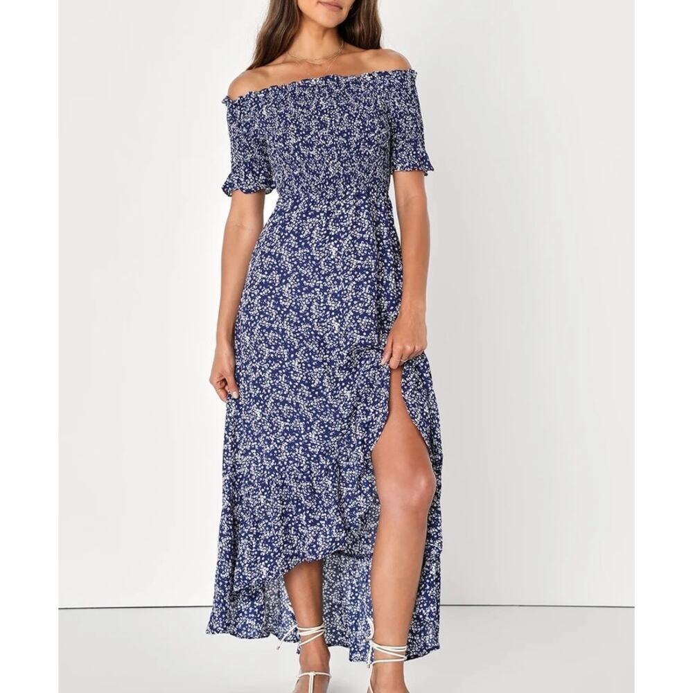 LULUS Fleurtation Floral Print Off Shoulder Midi Dress Navy Blue Medium M